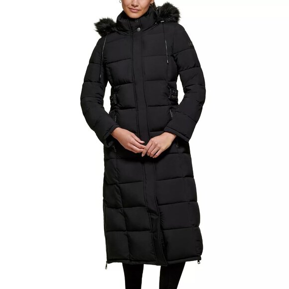DKNY Women's Faux-Fur-Trim Hooded Maxi Puffer Coat - Picture 1 of 7